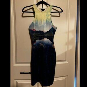 Bodycon halter backless dress unique Mountain scene